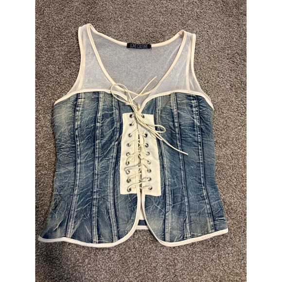 Love Culture Tops - Love Culture Denim Corset Tank Top Womens Medium Blue Acid Wash Lace Up